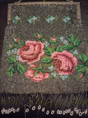 Vintage 1920's Black Beaded Glass Floral Embroidered Evening Brass Frame Antique - Image 1 of 4