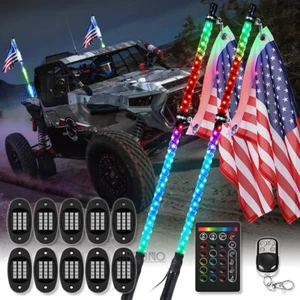 2x 3FT RGB Spiral LED Whip Antenna Lights + 10Pods LED Rock Lights For UTV RZR - Picture 1 of 13