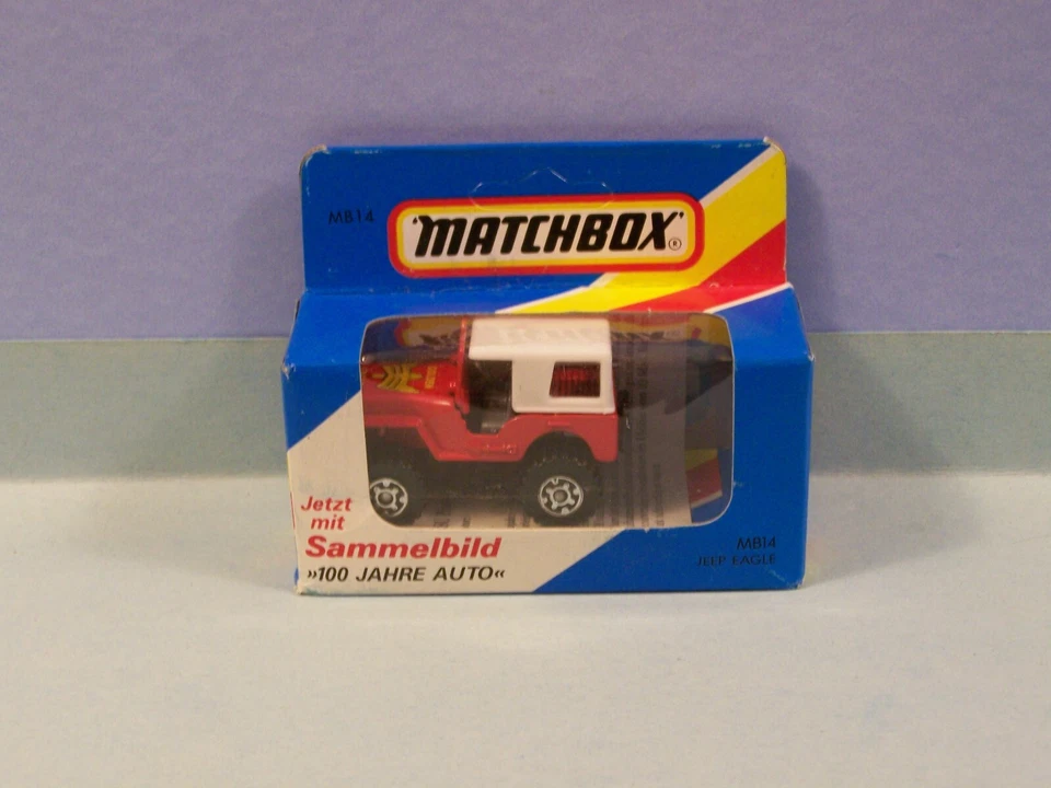 MIB 1981 Matchbox #14 4x4 Jeep Red w Rare Grey Interior in VG Blue Display Box