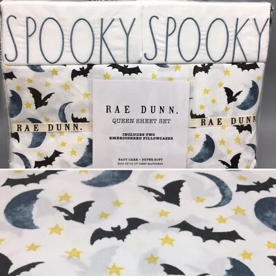 4pc Rae Dunn Halloween SPOOKY Moon Bats QUEEN Sheet Set Stars Embroidered NEW - Image 1 of 4