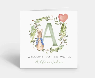 Personalised Baby Boy Card Welcome to the world Green Peter Rabbit & Name - Image 1 of 4