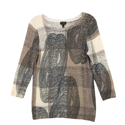 Blusa de malha TALBOTS 100% lã merino manga 3/4 bege paisley vários padrões PEQUENA - Imagem 1 de 4