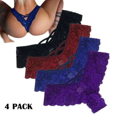 4 Pack Women Underwear Sexy Lace Lingerie Panties G-String Brief Thong Plus Size - Image 1 of 4