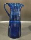 Cobalt Blue Hand Blown Glass Vase Pitcher, Applied Handle, 10" Murano Style 