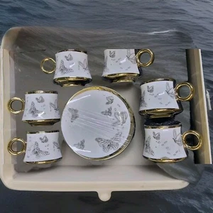 Stunning Turkish Tea Set Of 6 White Butterfly Gold Cups & Saucer Gift - Picture 1 of 5