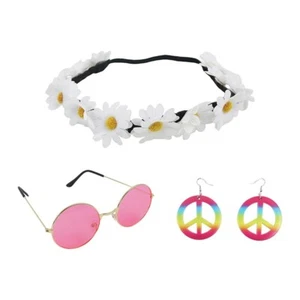 3 piece Hippie Costume Set Glasses Flower Headband Earrings 60s Party Dress Up - Picture 1 of 2