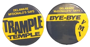 Delaware McDonald's Bye VMI Virginia Pin Says Trample Temple Button Lot 52mm  - Picture 1 of 9