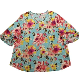Damen Bluse Rüschenärmel Blumen 2XL Damen blau bunt Pullover - Bild 1 von 5