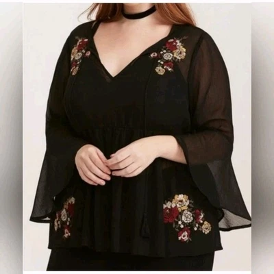 Torrid Black Sheer Floral Embroidery Long Bell Sleeve Romantic Top 1x - Image 1 of 3