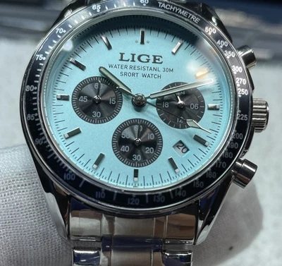Reloj Pulsera LIGE Hombre Cuarzo Analógico Cronógrafo Acero Plateado Esfera Azul Envío EE. UU. Foto 1 de 4