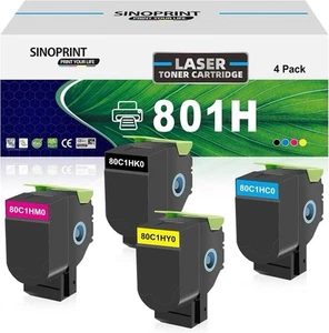 4Pk TCT 801H For Lexmark 80C1HK0 80C1HC0 80C1HM0 80C1HY0 Premium Compatible - Imagen 1 de 6