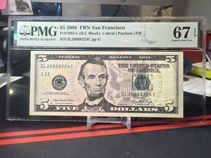 😎 2006 $5 Federal Reserve Note IL/C BLOCK ( SAN FRANCISCO) PMG 67 EPQ - Picture 1 of 8