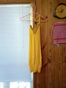 Guess Spandex Rushed Bottom Crisscross Back Beaded Yellow M Dress - Picture 1 of 9