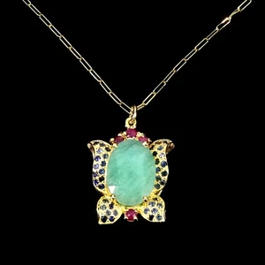 925 Sterling Silver Necklace Oval Emerald 15x11mm Ruby Sapphire Gemstone 17in - Picture 1 of 13