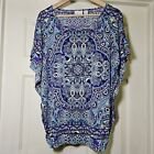 Chico&#39;s Women&#39;s Stretch Tunic Top Scarf Print Purple Blue Lime Geo 2 Large