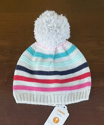 Gymboree Baby Girls Colorful Rainbow Striped Knit Pom Beanie Hat Gray 0-6 M NWT - Image 1 of 4