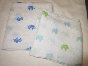 Lot 2 ADEN + ANAIS Baby Swaddle Blankets Blue/Green HIPPOS & ELEPHANTS - 40 x 40 - Picture 1 of 3