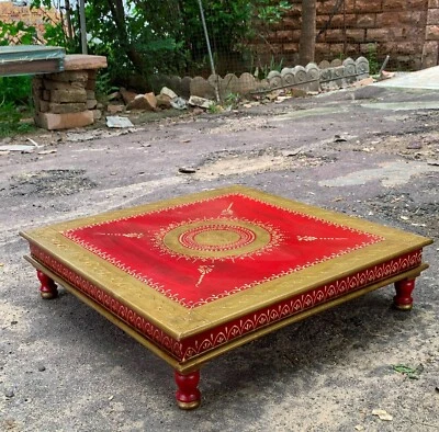 Traditional Indian Wooden Bajot Painted Low Stool Puja Chowki For Home Temple - Image 1 of 4
