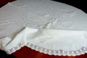 EXQUISITE ALTE HANDARBEIT TAFELTUCH HOHLSAUM PLATTSTICH SPITZE 160x145CM OVAL - Bild 1 von 6