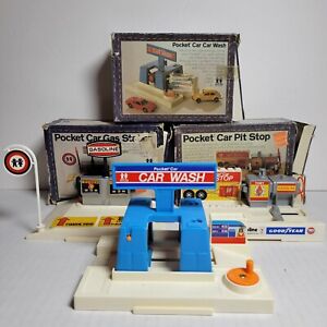 TOMY Pocket Car Car Wash Gas Station Pit Stop Lot of 3 Vtg Tomy 1980 With Boxes