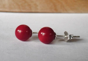 SCHMUCK-STCK Ohrringe Kugel rot Koralle Heilstein Silber Stecker - Picture 1 of 1