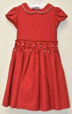 $325 NEW Fleurisse BERGDORF GOODMAN Girls RED WOOL Hand Pleat Dress PEARLS 6 Y - Image 1 of 4