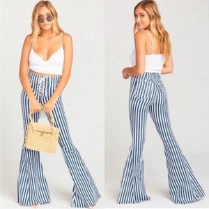 NWT Show Me Your Mumu Berkeley Tie Up Bell Bottom Pants Indigo Stripe m 35” ins - Picture 1 of 12