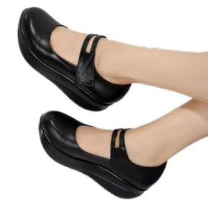 Women's Mary Jane Leather Nursing Shoes Round Toe Wedge Heel pumps Platform New - Picture 1 of 11