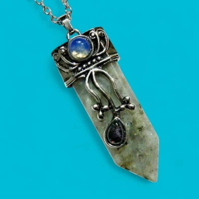LABRADORITE POINT PENDANT silvertone bar amethyst opalite stone necklace 6C - Image 1 of 4