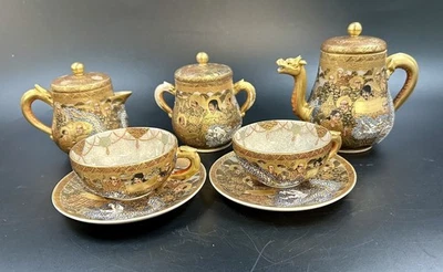 Japanese Shimazu Hododa Satsuma 7 Pc Tea Set 1000 Face Dragon Provenance 1911 - Image 1 of 4