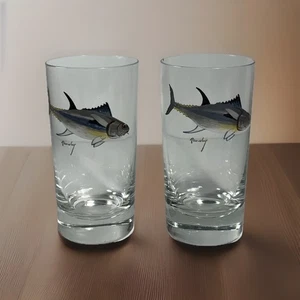 Set of 2 Hand Painted & Signed Yellowfin Tuna Glass Tumblers 5.5 in. - Picture 1 of 10