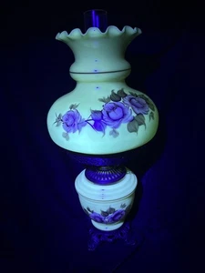 Fenton Burmese Uranium Glass Hand Painted Roses Hurricane Lamp - Picture 1 of 9