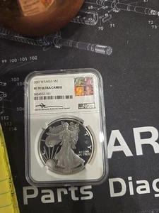 2007-W PROOF SILVER EAGLE NGC PF70 ULTRA CAMEO JOHN MERCANTI SIGNED REAGAN LABEL - Picture 1 of 4