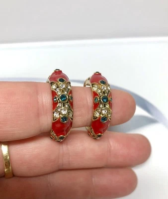  HEIDI DAUS Red Enamel Blue White Rhinestone Hoop Earrings Signed - Image 1 of 3