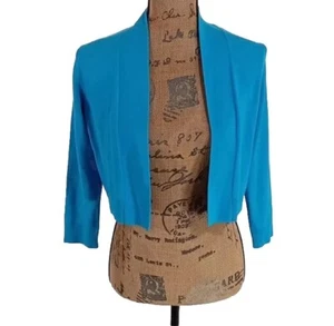 Calvin Klein Cardigan Size XS Teal Blue Topper Short Sl Knit 3/4 Sl Stretch Crop - Picture 1 of 4