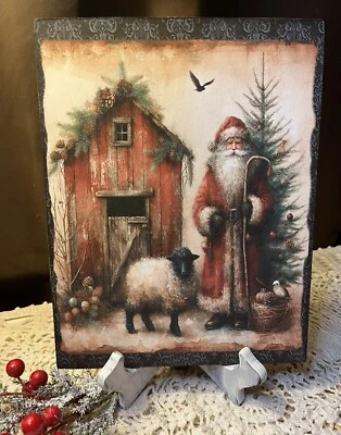 Santa, Sheep, Red Barn, Folk Art, Prim, Christmas Handcrafted Plaque /  Sign - Image 1 of 3