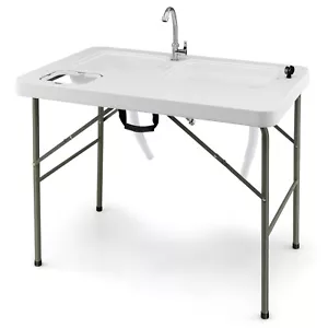 Folding Fish Cleaning Table w/2 Built-in Sinks & 360°Rotatable Faucet - Picture 1 of 9