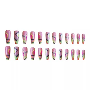 Manicura con brillo geométrico bloque de color uñas postizas prensadas ataúd largo 24 un. - Imagen 1 de 7