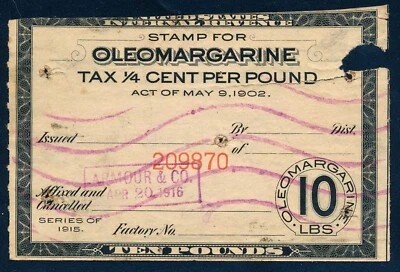 FE53 Series of 1915, 10 Pounds Oleomargarine Taxpaid Revenue Stamp, used - Image 1 of 4