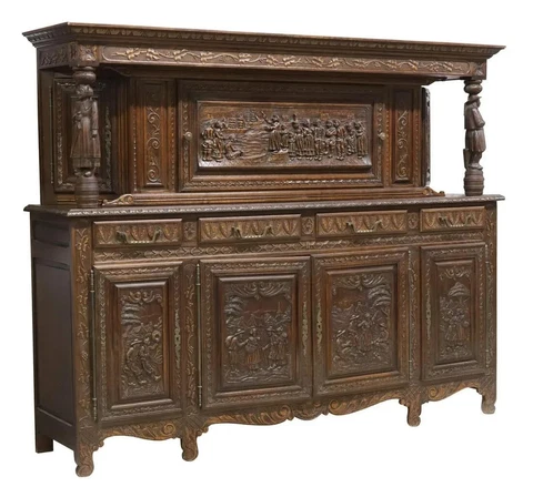 Antique Sideboard, French Breton, Figural, Carved Oak, Drawers, Shelves, 1800s!! Cover
