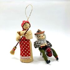 Vintage Cornhusk Dolls Christmas Ornaments Set of 2 Lady Sweeping Man Sitting