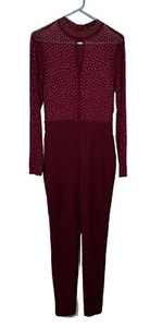 Iris Burgundy Illusion Mesh Silver Studs Bodycon Sz M Hi Neck Jumpsuit NWT - Picture 1 of 14
