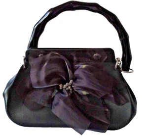 Women Teenage Child Tote PVC Black Bag with Bamboo Design Handle + Brown Flower - Picture 1 of 9