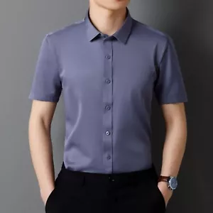 New Mens Dress Shirts Formal Business Short Sleeves No Iron Elastic Casual Shirt - Picture 1 of 17