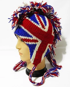 Team England Flagge Mohawk Mütze Beanie Pilot Handarbeit 100% Wolle Fleecefutter   - Bild 1 von 4
