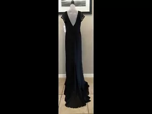 $860 Badgley Mischka Women's Black 100% Silk Gown Sequin Cap Sleeves Size 16 New - Picture 1 of 12