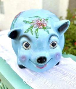 Monumental Vintage 60s Silvestri Bros Chalkware Piggy Bank Blue, Floral Accents - Picture 1 of 24