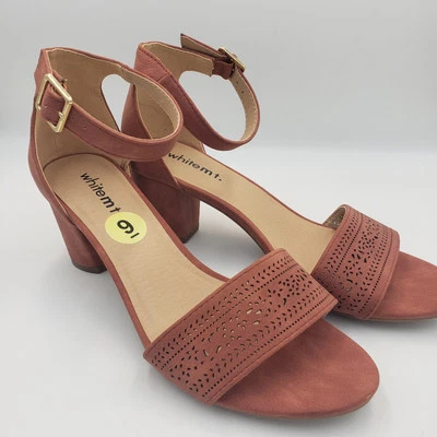 White MT Womens Ankle Strap Chunky Heel Sandal Salmon Color 9M Lasercut Open Toe - Image 1 of 4