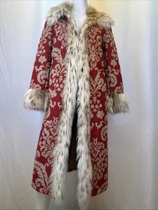 TASHA POLIZZI Maxi Coat Red Tan Fleece Faux Fur Trim Womens Size S - Picture 1 of 10
