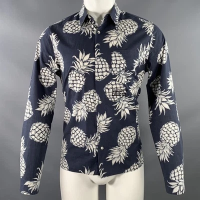 VALENTINO Talla M Azul Marino Blanco Estampado de Piña Botón Algodón Manga Larga - Imagen 1 de 4